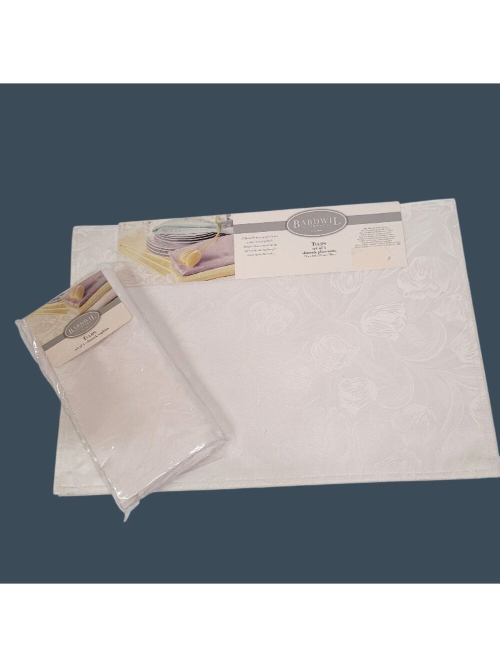 Bardwil Linens Tulips Damask Placemats & Napkins Set Of 4 White New
